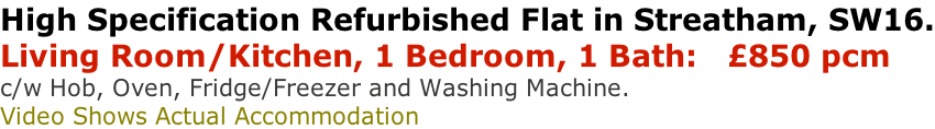 High Specification Refurbished Flat in Streatham, SW16. Living Room/Kitchen, 1 Bedroom, 1 Bath:   £850 pcm c/w Hob, Oven, Fridge/Freezer and Washing Machine. Video Shows Actual Accommodation
